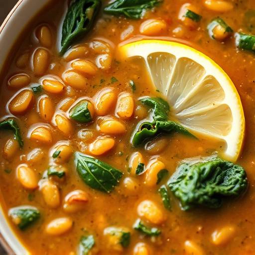 A bowl of hearty lentil soup with kale and a lemon wedge.