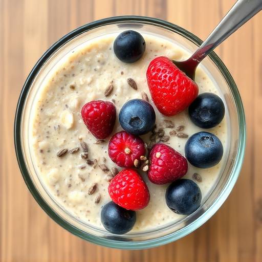 A jar of overnight oats with mixed berries and chia seeds.