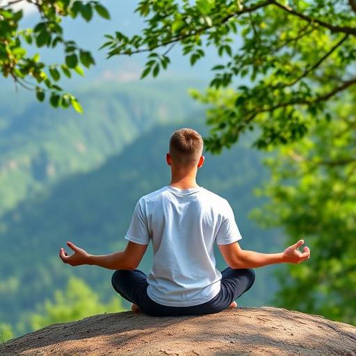 A person meditating peacefully in a nature setting, illustrating stress reduction