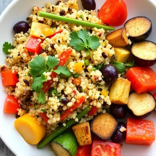 A vibrant quinoa salad with colorful roasted vegetables.