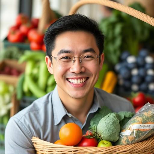 David Chen, Registered Dietitian, holding a basket of fresh produce